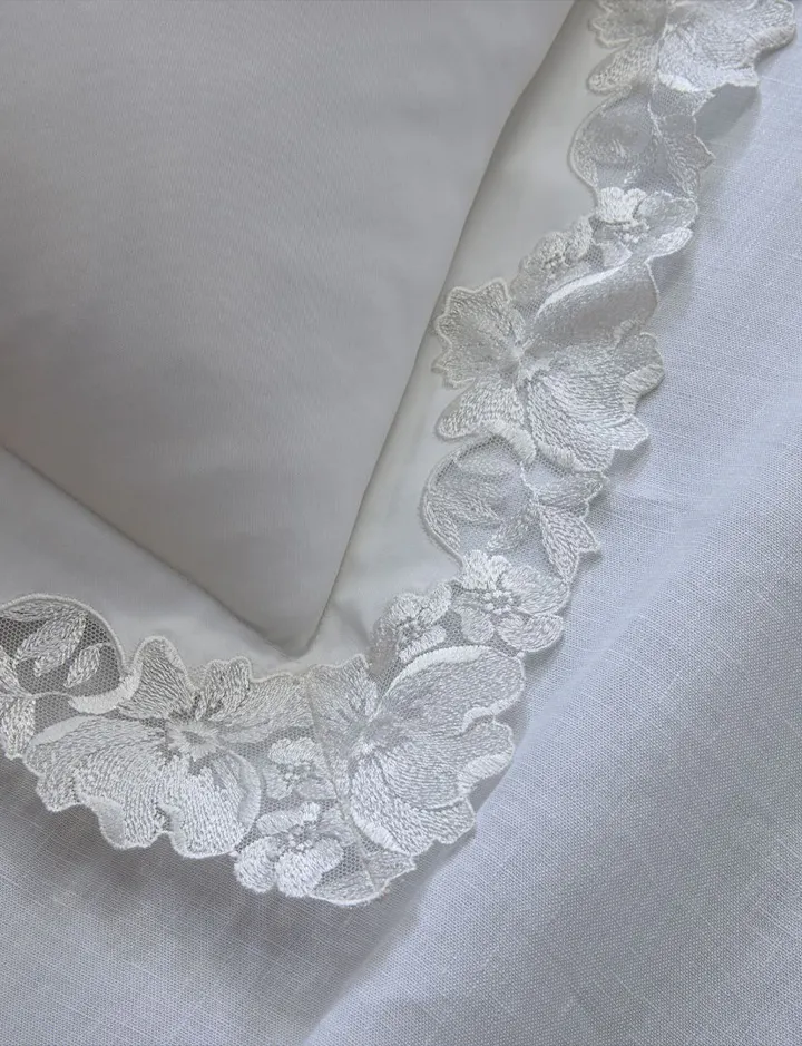 A view of a lace bed linens