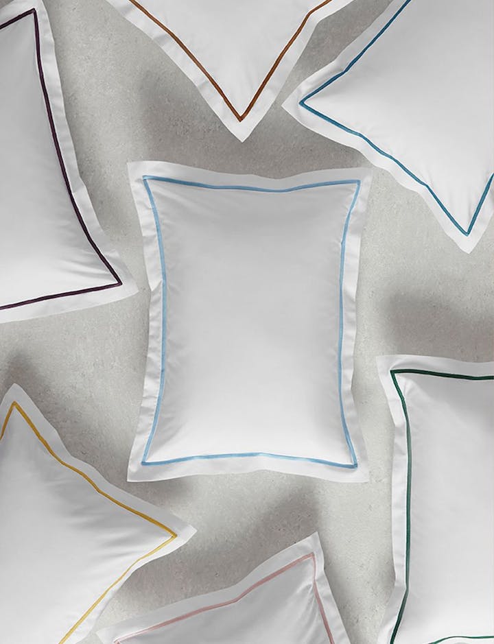 A closeup view of Bergamo bed linens.