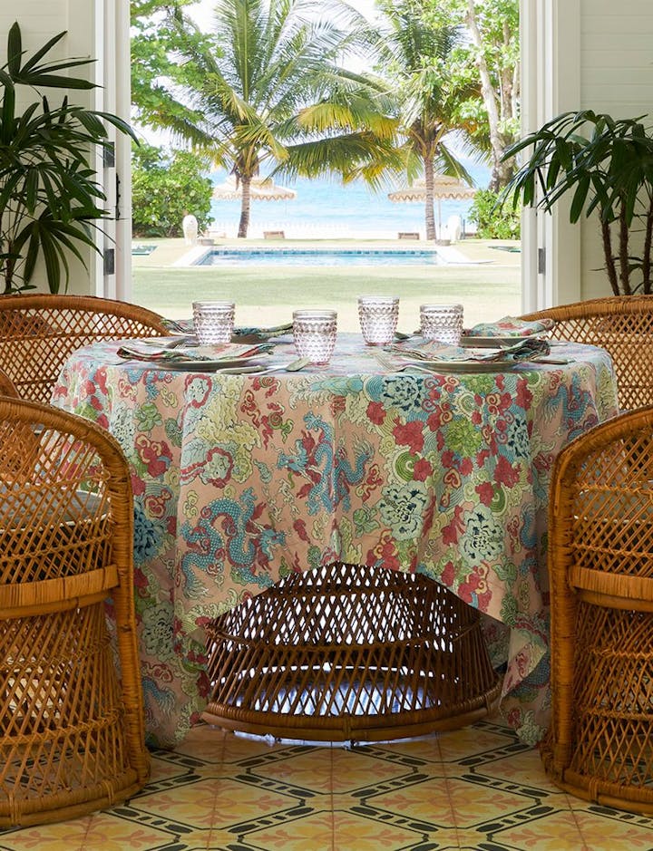 A view of a table featuring Magic Mountain in the color Paradise.