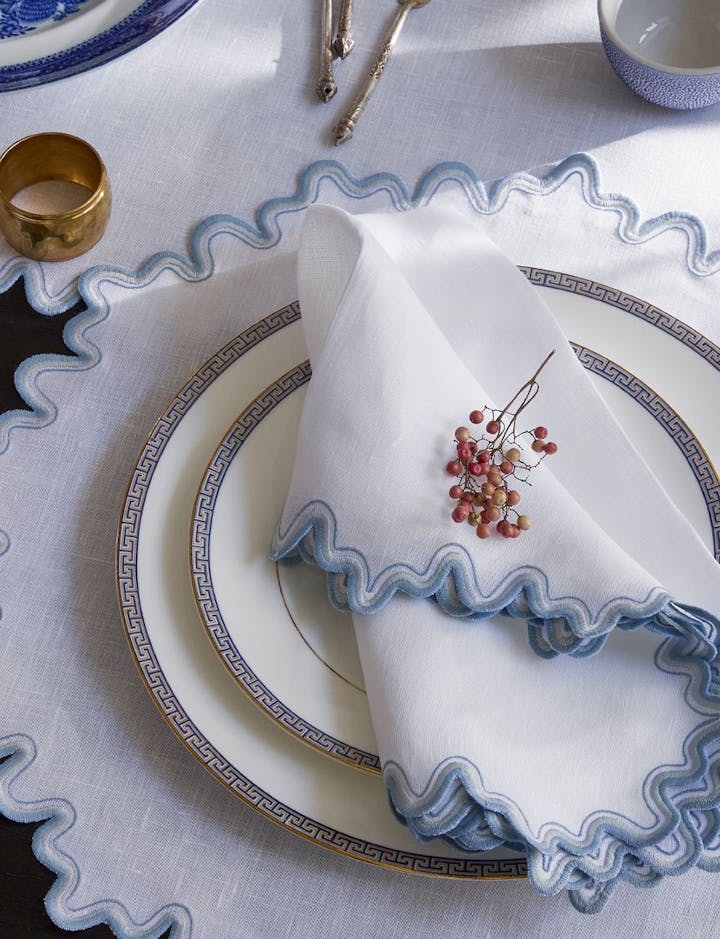 A closeup view of Wave Linens on a table
